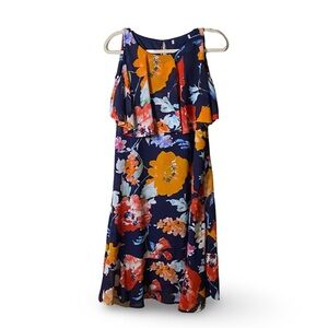 Floral Midi Dress in Navy with peek a boo shoulders size small